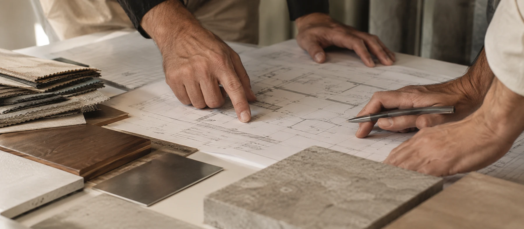 Mani su disegni tecnici e materiali per gestione cantiere